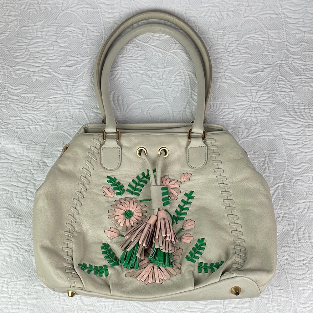 Isabella Fiore Off White Cream Tan Soft Italian Leather Purse Handbag Flowers